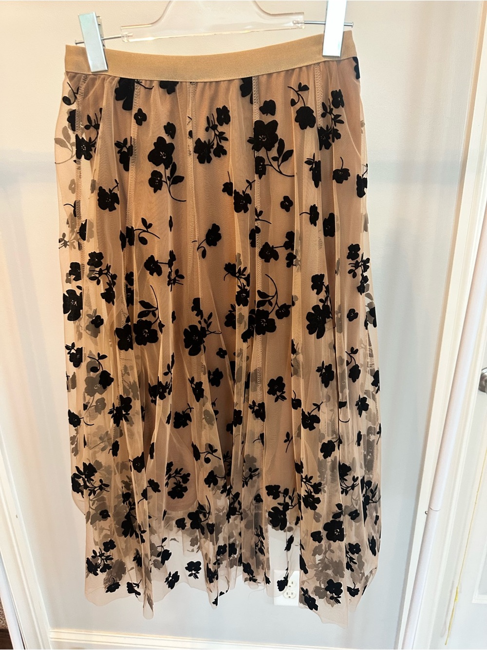 Chicwish Beige Tulle Midi Skirt with Black Floral Embroidery